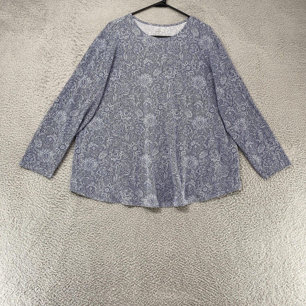 Pure Jill T-Shirt Womens 2X Blue Floral Pima Cotton Long Sleeve Shirttail Tee - Picture 1 of 12